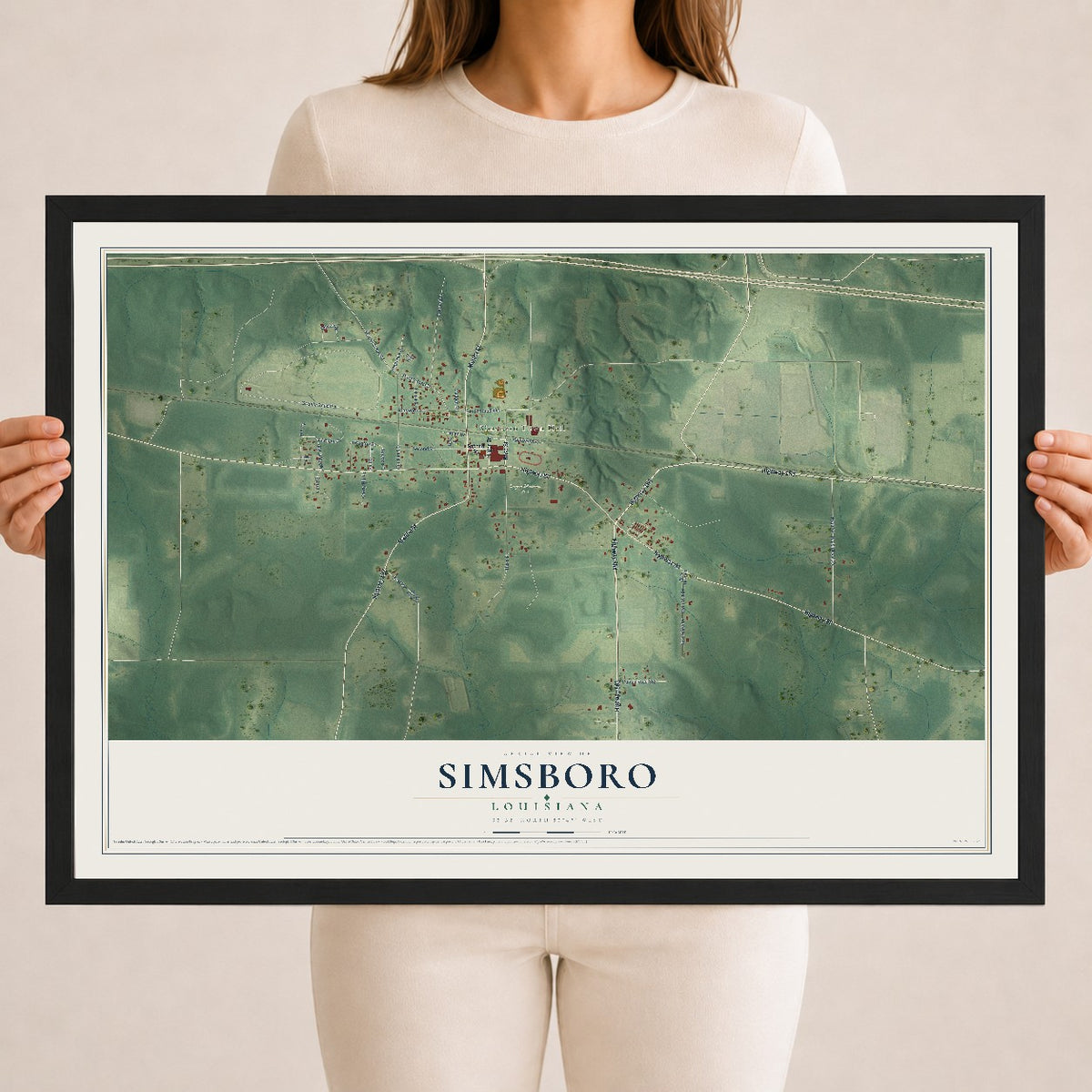 Map of Simsboro, Louisiana, 18 x 24 inch print in a black wood frame