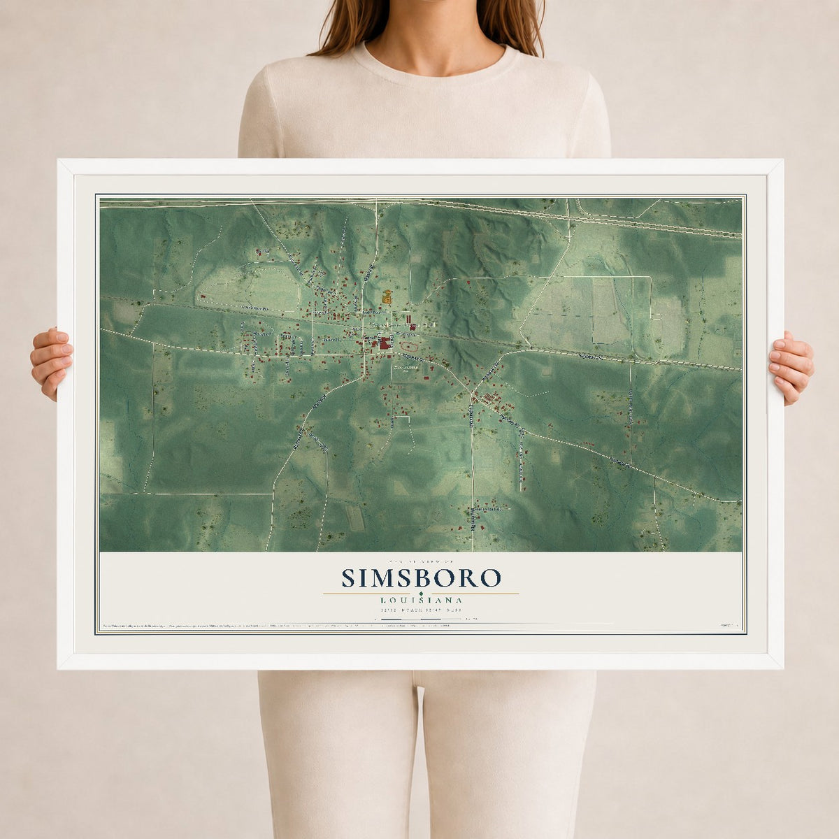 Map of Simsboro, Louisiana, 24 x 36 inch print in a white wood frame