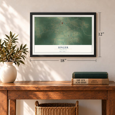 Singer, Louisiana map, 12 x 18 inch print in a black frame in an entryway