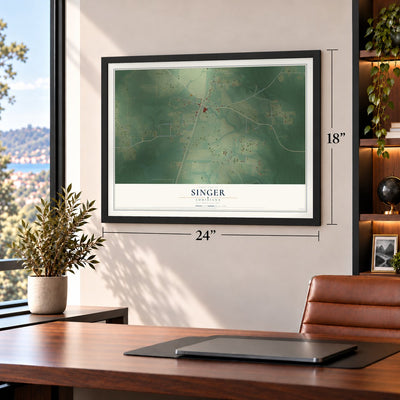 Singer, Louisiana map, 18 x 24 inch print in a black frame in a home office