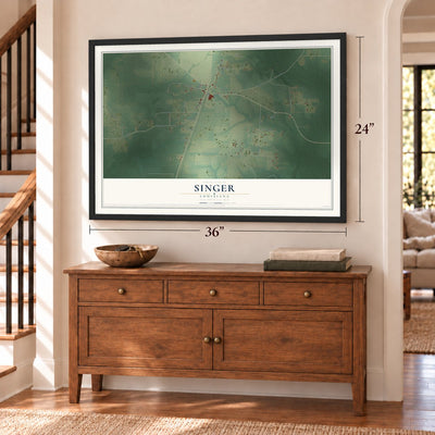 Singer, Louisiana map, 24 x 36 inch print in a black frame above a dresser by a staircase