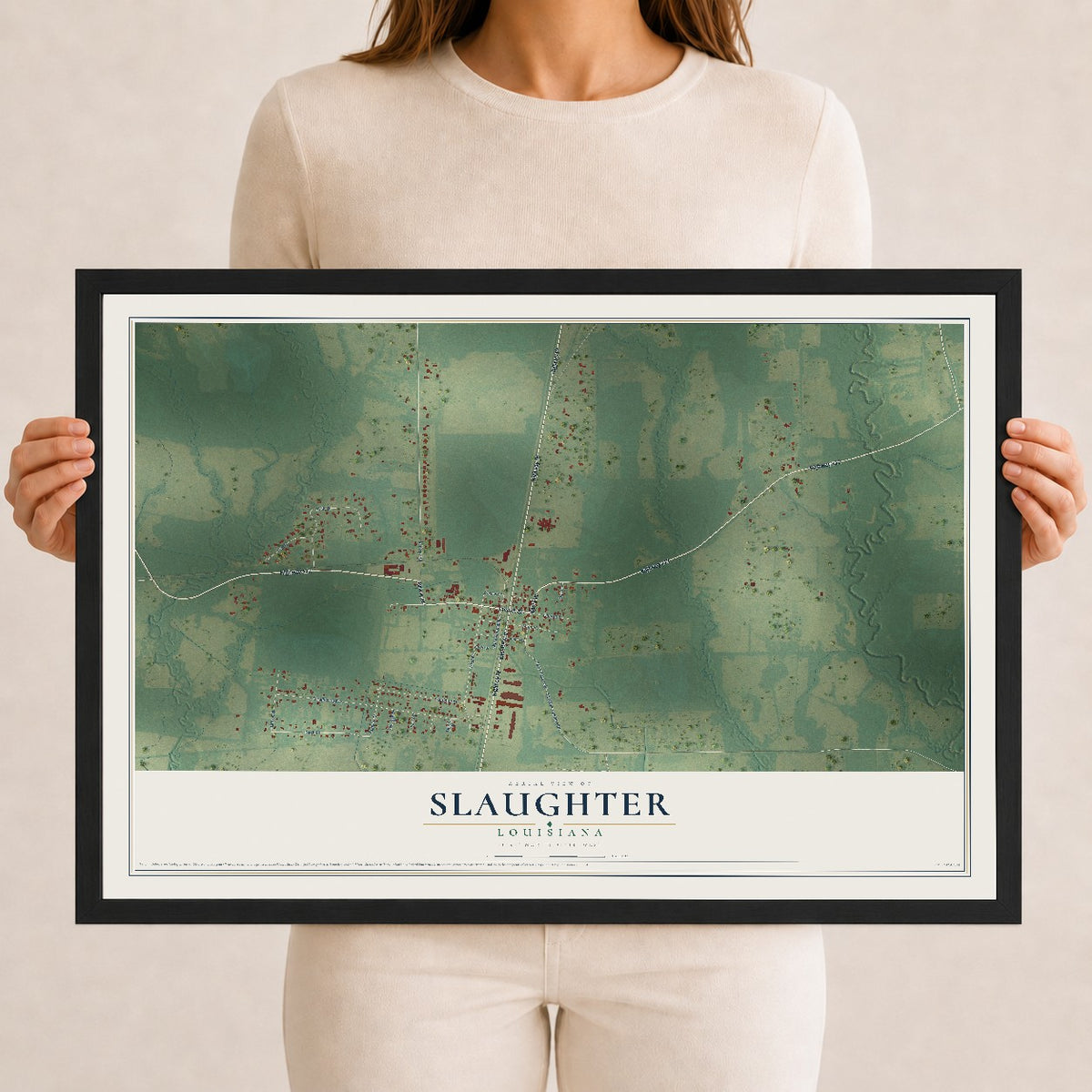 Map of Slaughter, Louisiana, 12 x 18 inch print in a black wood frame