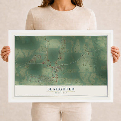 Map of Slaughter, Louisiana, 12 x 18 inch print in a white wood frame