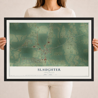 Map of Slaughter, Louisiana, 18 x 24 inch print in a black wood frame