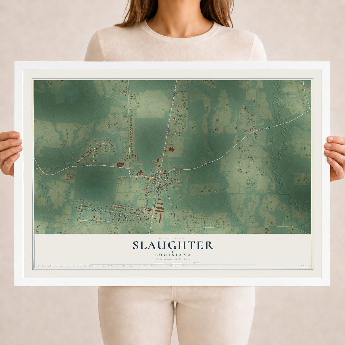 Map of Slaughter, Louisiana, 18 x 24 inch print in a white wood frame