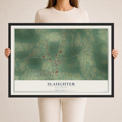 Map of Slaughter, Louisiana, 24 x 36 inch print in a black wood frame
