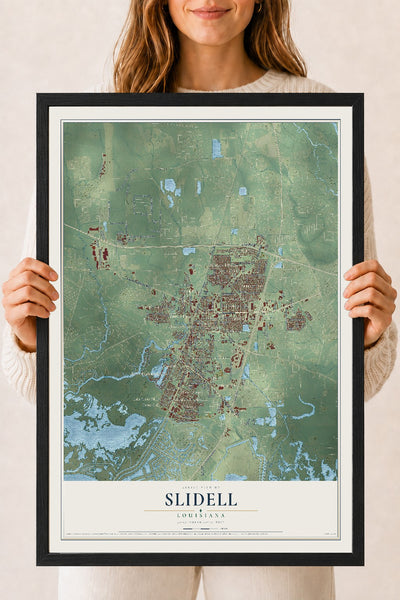 Map of Slidell, Louisiana, 18 x 24 inch print in a black wood frame