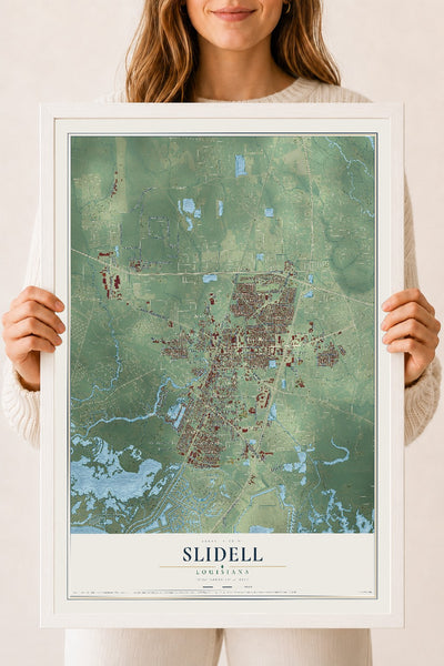 Map of Slidell, Louisiana, 18 x 24 inch print in a white wood frame