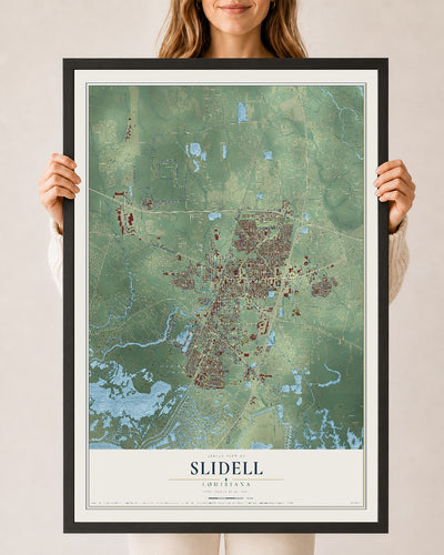 Map of Slidell, Louisiana, 24 x 36 inch print in a black wood frame