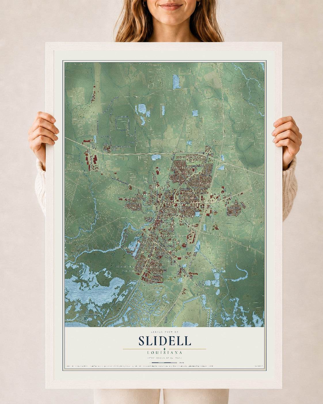 Map of Slidell, Louisiana, 24 x 36 inch print in a white wood frame