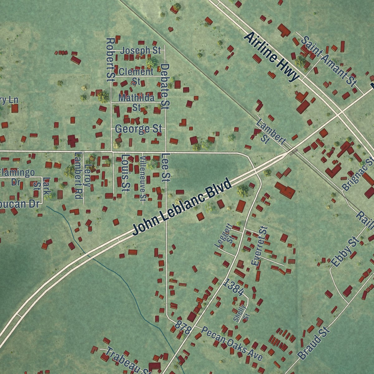 Close-up of the map of Sorrento, Louisiana print showing street and building detail