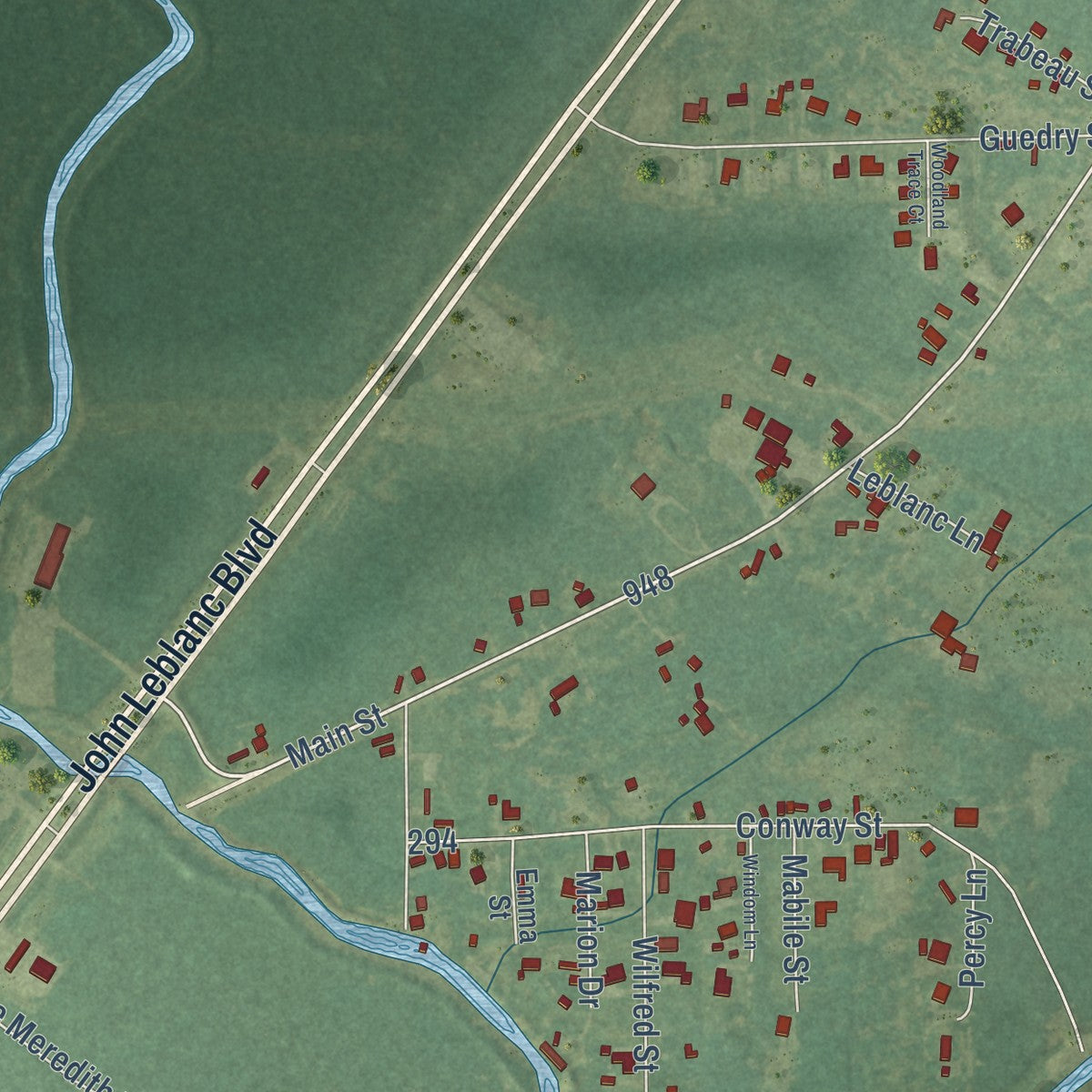 Second close-up of the map of Sorrento, Louisiana print showing more streets and buildings
