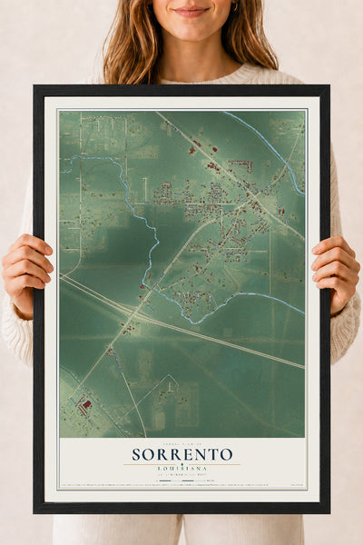 Map of Sorrento, Louisiana, 18 x 24 inch print in a black wood frame