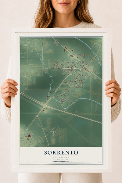 Map of Sorrento, Louisiana, 18 x 24 inch print in a white wood frame