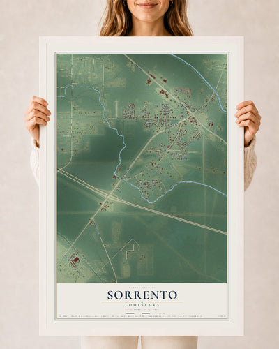 Map of Sorrento, Louisiana, 24 x 36 inch print in a white wood frame