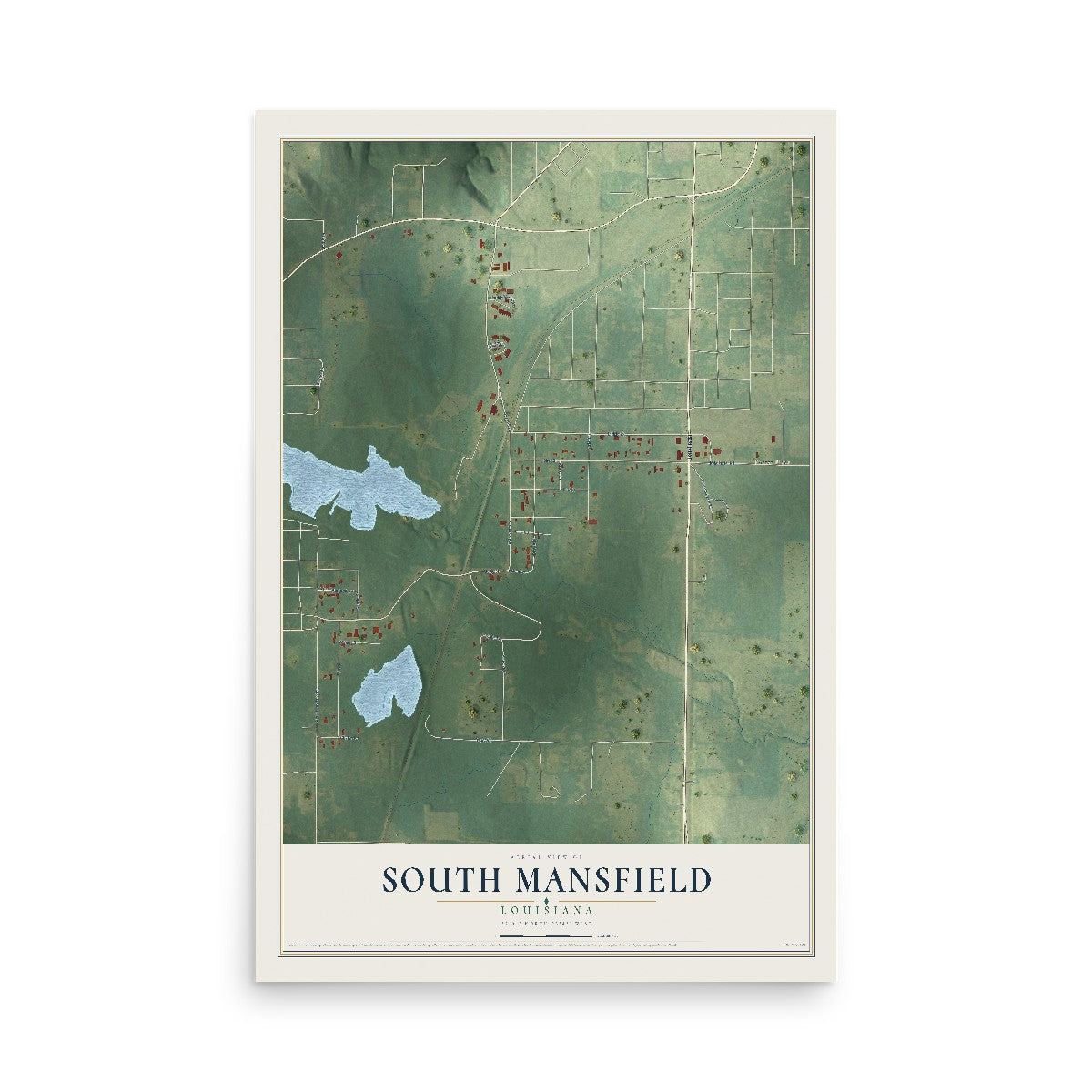 Map of South Mansfield, Louisiana, 12 x 18 inch unframed archival matte print