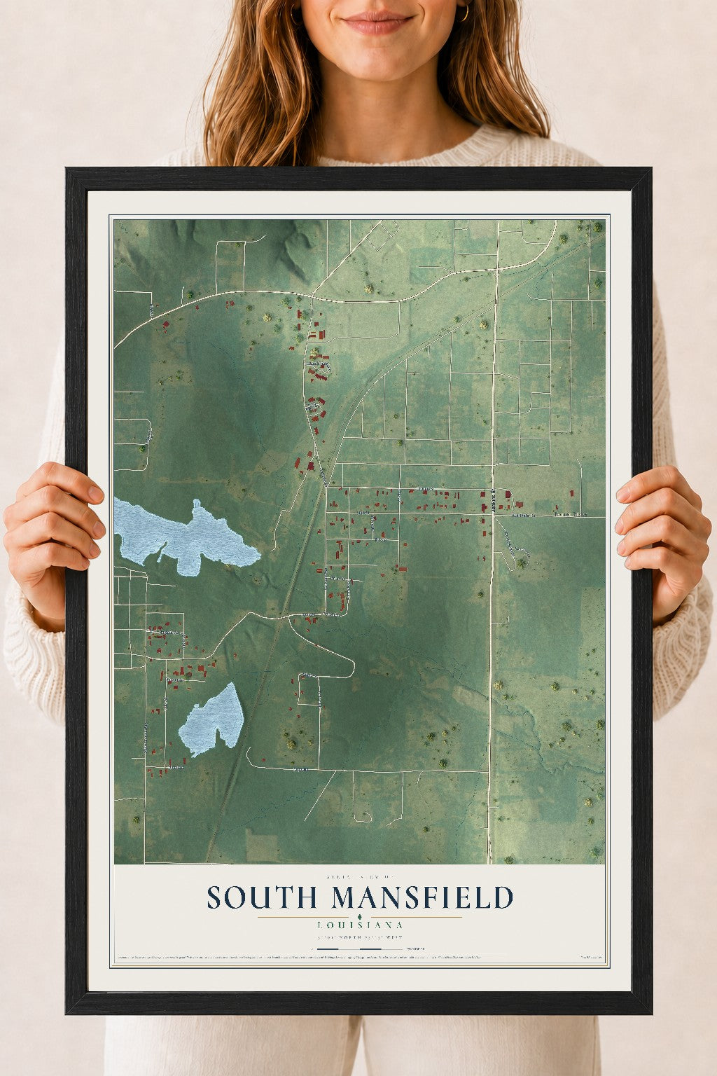 Map of South Mansfield, Louisiana, 18 x 24 inch print in a black wood frame