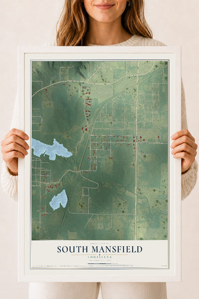 Map of South Mansfield, Louisiana, 18 x 24 inch print in a white wood frame