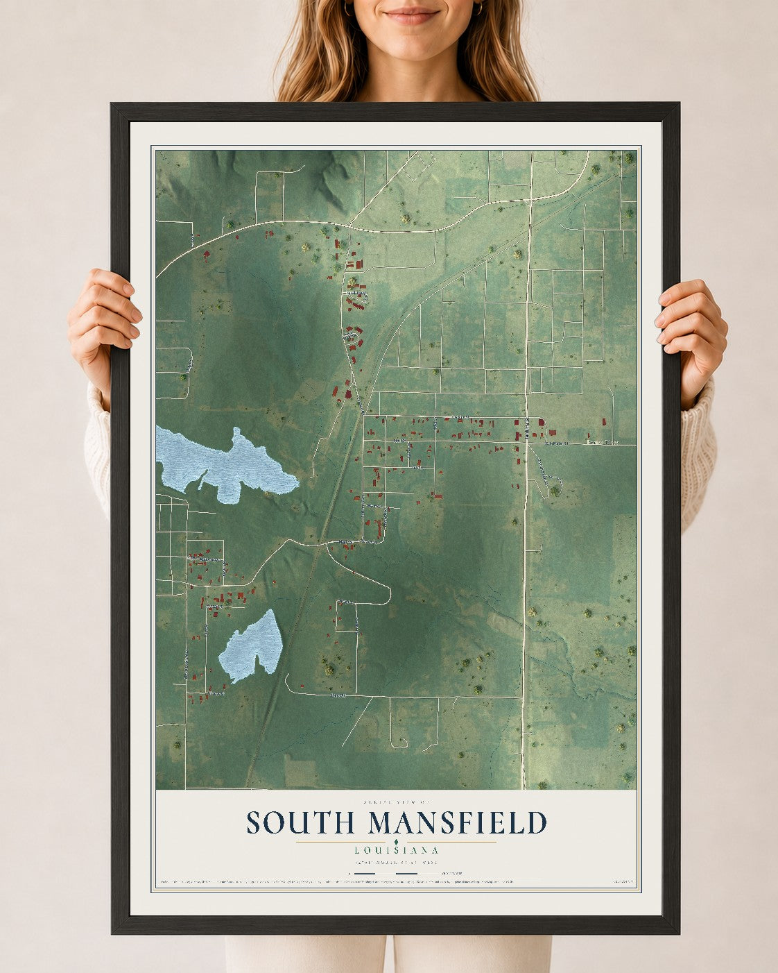Map of South Mansfield, Louisiana, 24 x 36 inch print in a black wood frame