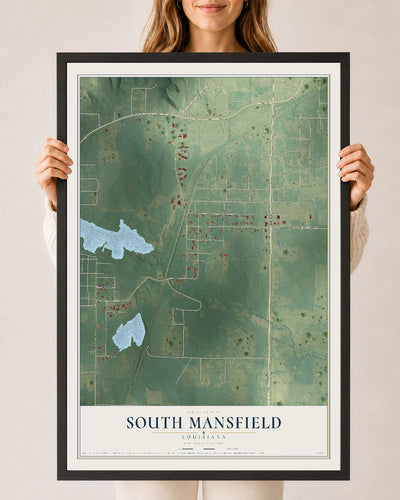 Map of South Mansfield, Louisiana, 24 x 36 inch print in a black wood frame
