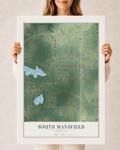 Map of South Mansfield, Louisiana, 24 x 36 inch print in a white wood frame