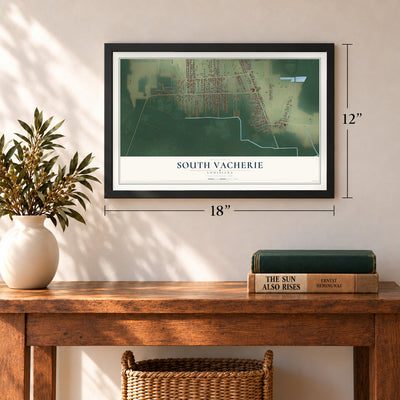 South Vacherie, Louisiana map, 12 x 18 inch print in a black frame in an entryway
