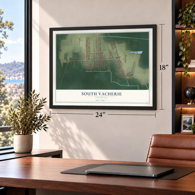 South Vacherie, Louisiana map, 18 x 24 inch print in a black frame in a home office