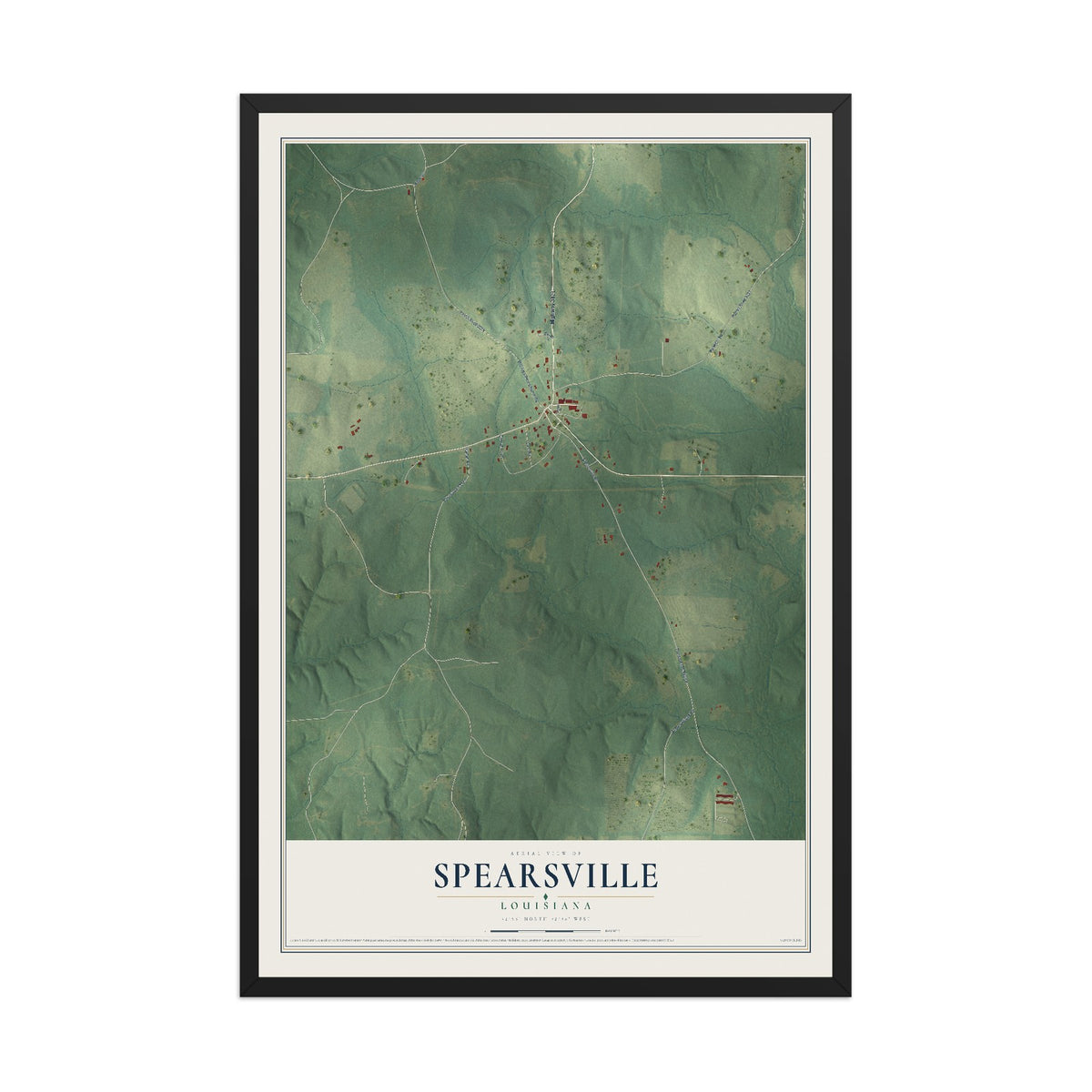 Map of Spearsville, Louisiana, 12 x 18 inch print in a black wood frame