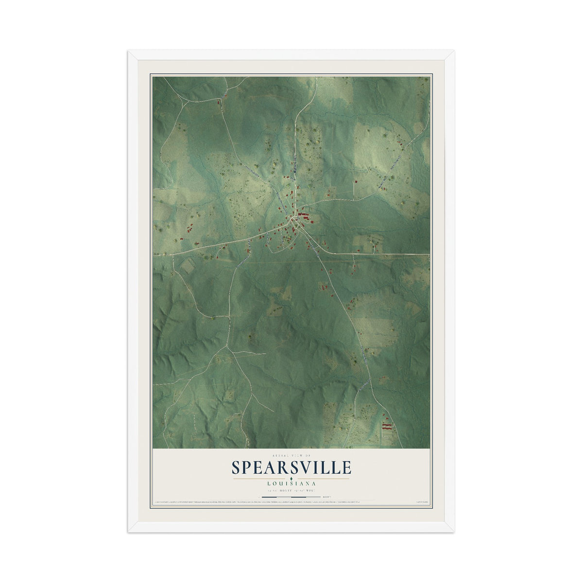 Map of Spearsville, Louisiana, 12 x 18 inch print in a white wood frame
