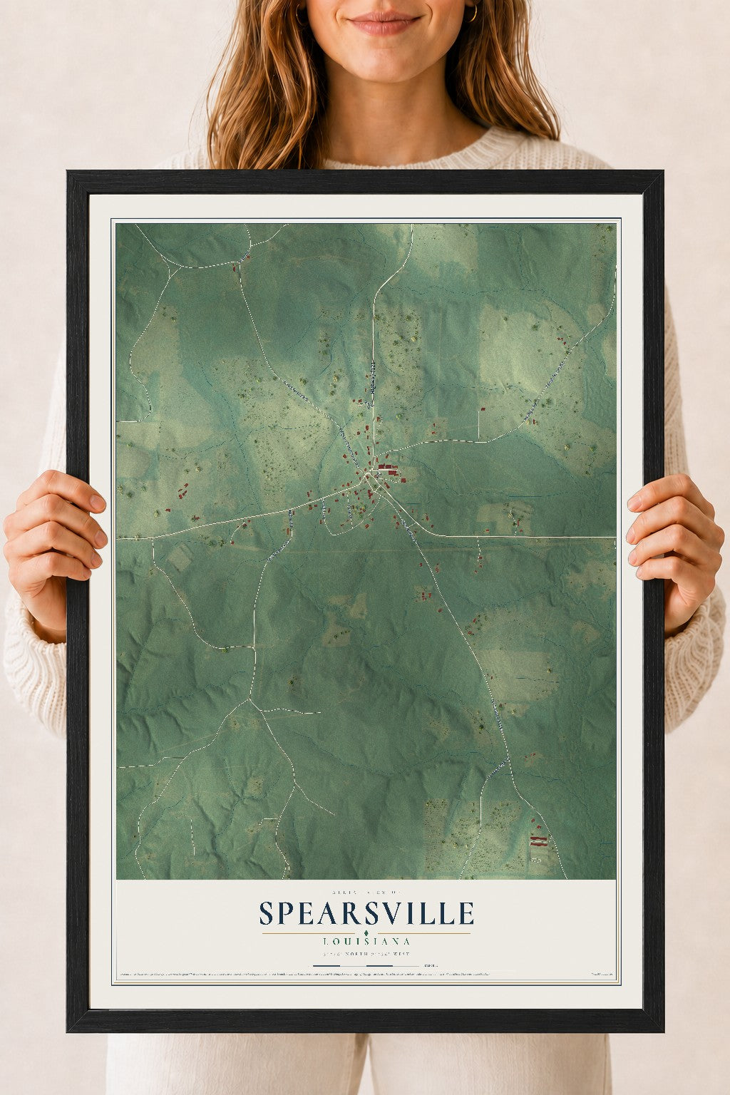 Map of Spearsville, Louisiana, 18 x 24 inch print in a black wood frame