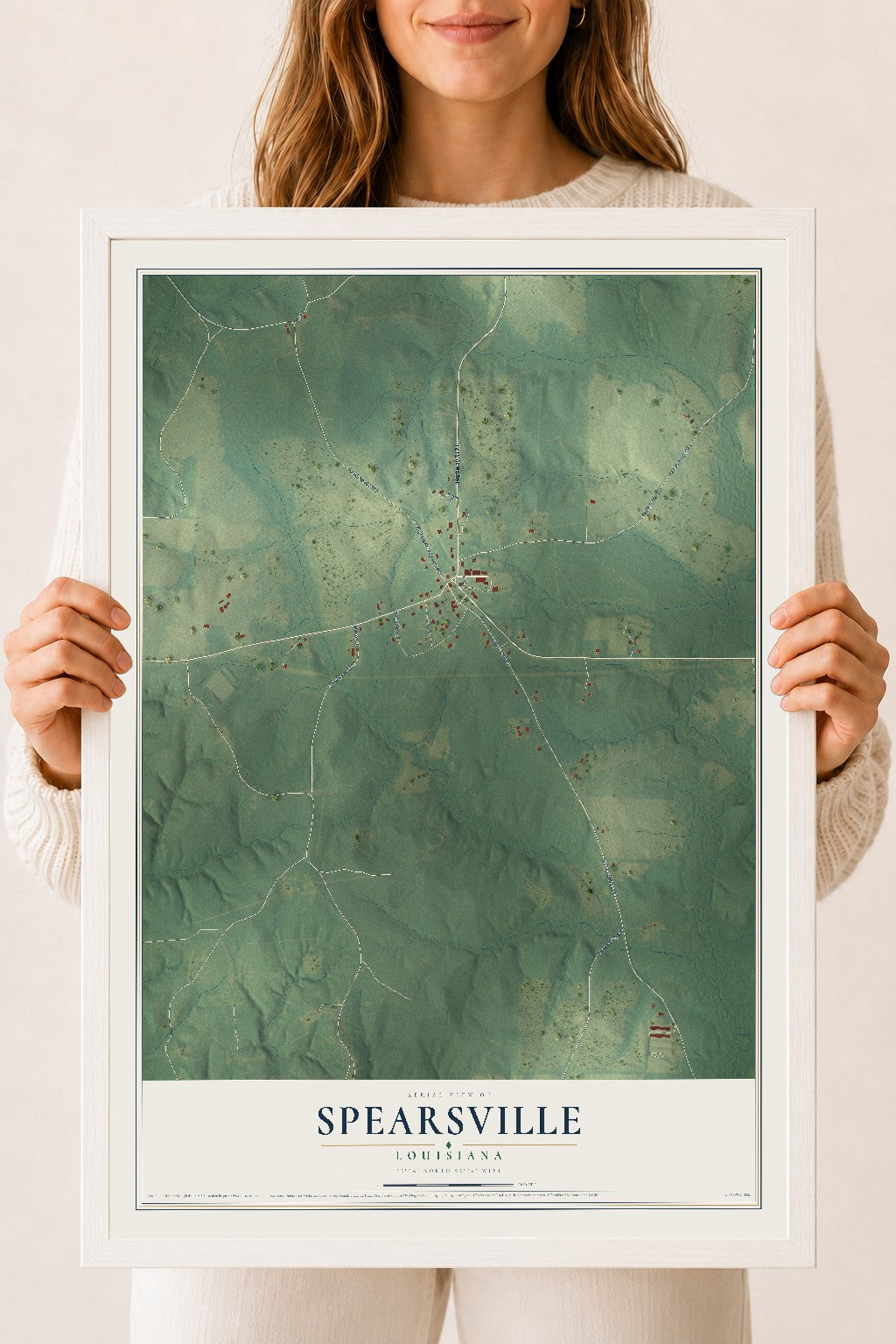 Map of Spearsville, Louisiana, 18 x 24 inch print in a white wood frame