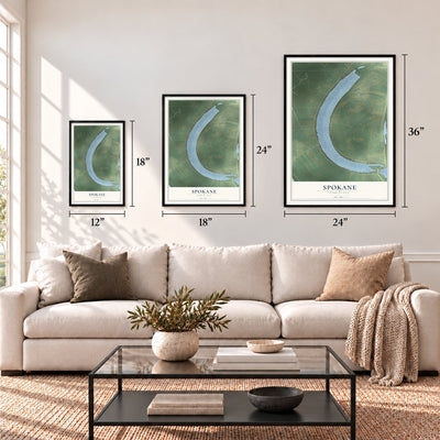 Spokane, Louisiana map in 12 x 18, 18 x 24 and 24 x 36 inch sizes above a sofa