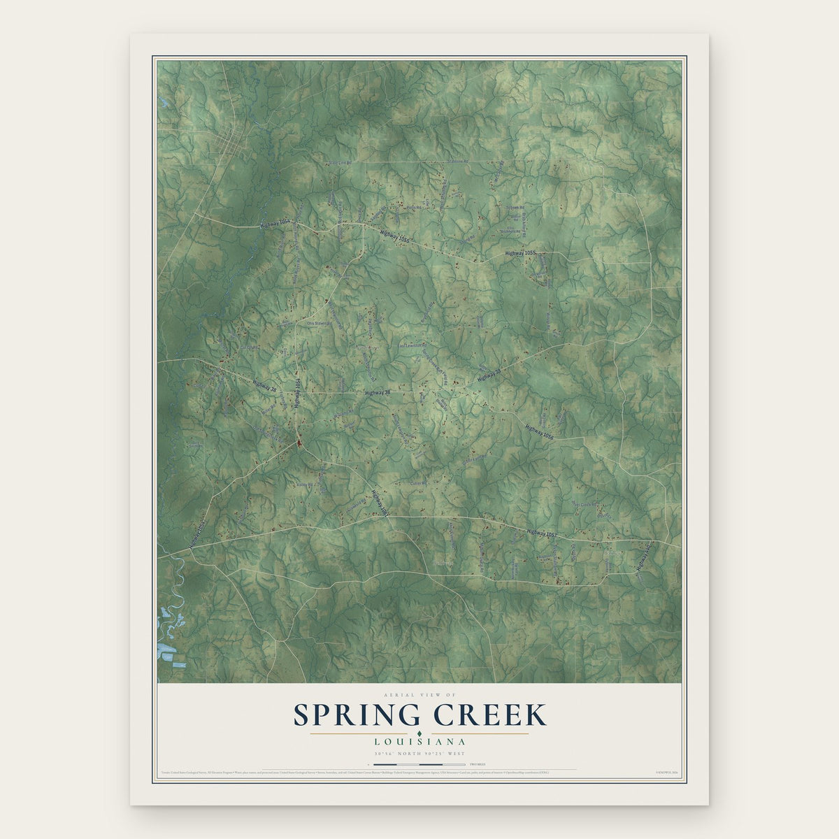 Spring Creek, Louisiana map print, the full design
