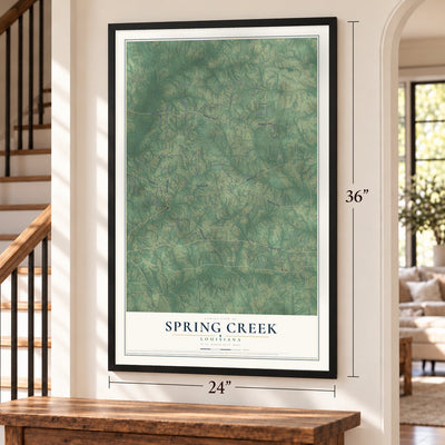 Spring Creek, Louisiana map, 24 x 36 inch print in a black frame by a staircase