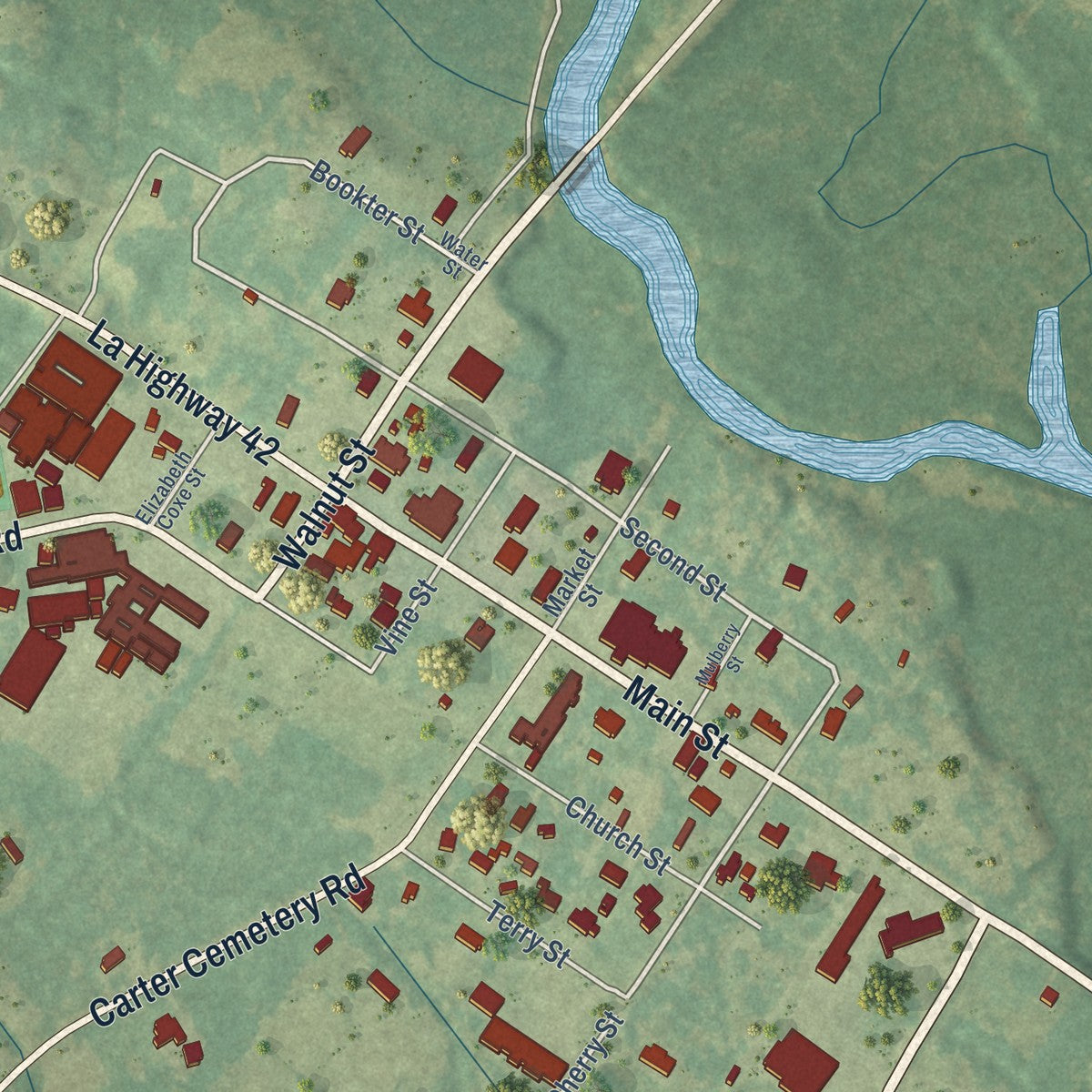Close-up of the map of Springfield, Louisiana print showing street and building detail