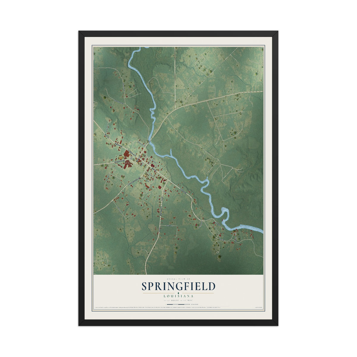 Map of Springfield, Louisiana, 12 x 18 inch print in a black wood frame