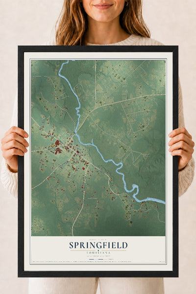 Map of Springfield, Louisiana, 18 x 24 inch print in a black wood frame