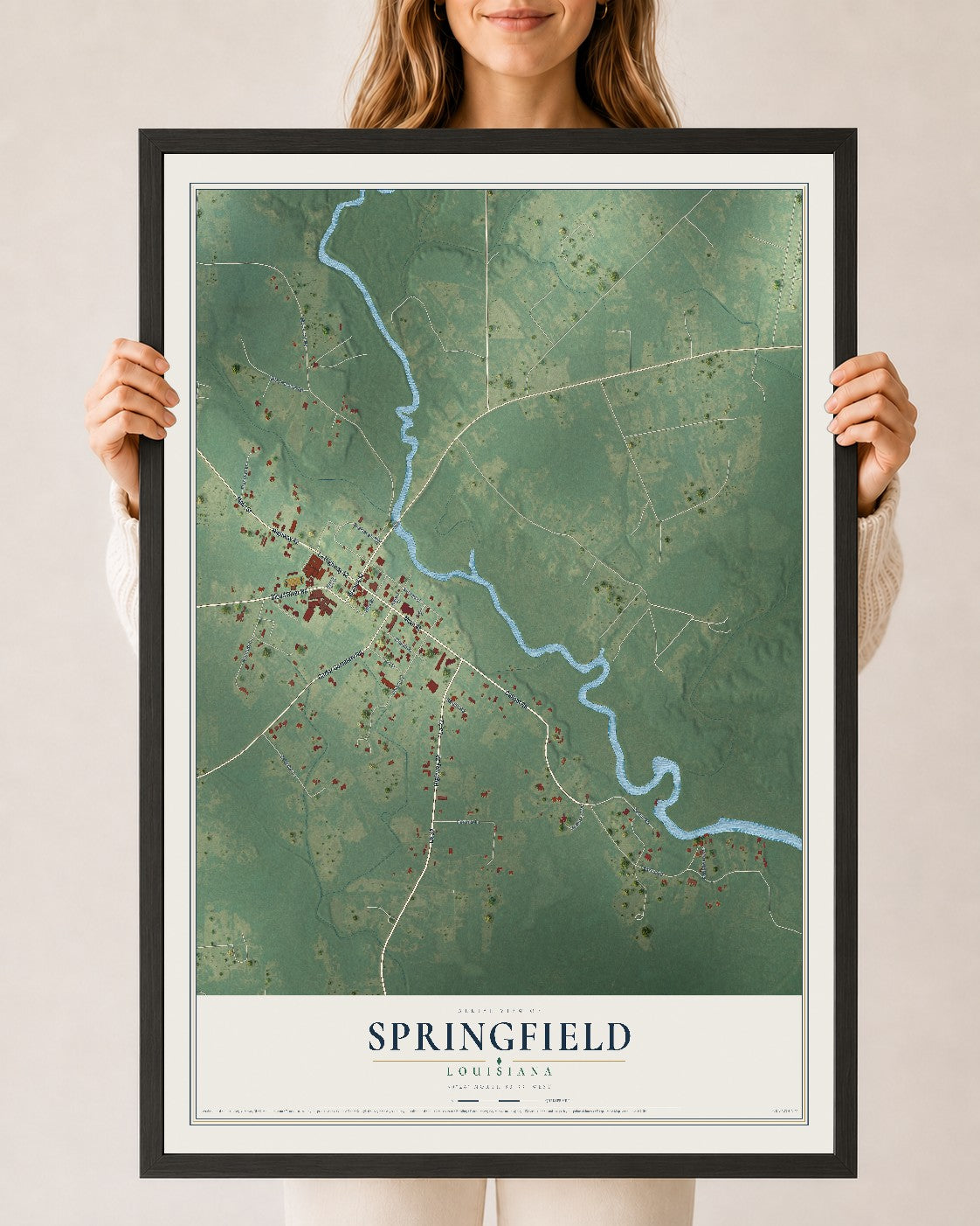 Map of Springfield, Louisiana, 24 x 36 inch print in a black wood frame