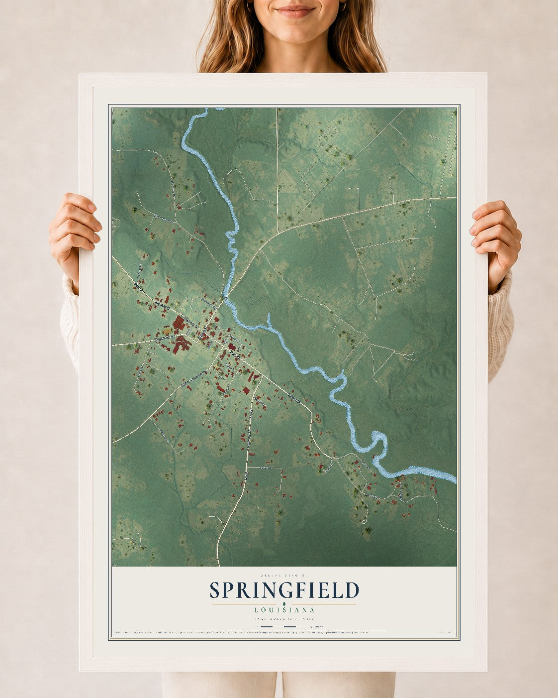 Map of Springfield, Louisiana, 24 x 36 inch print in a white wood frame