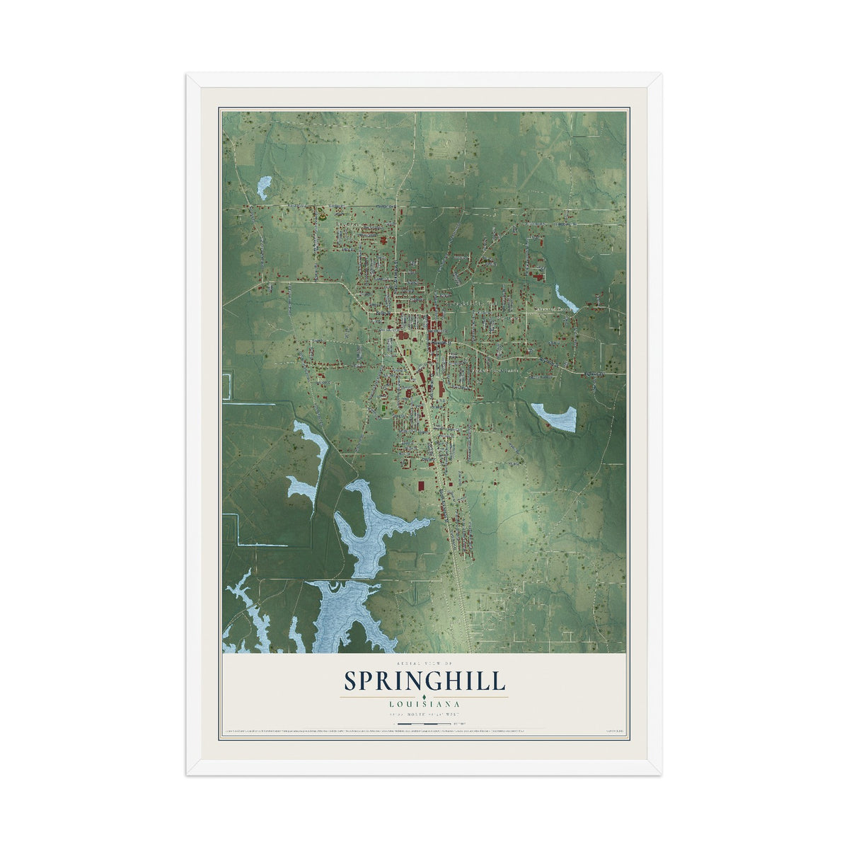 Map of Springhill, Louisiana, 12 x 18 inch print in a white wood frame