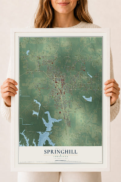 Map of Springhill, Louisiana, 18 x 24 inch print in a white wood frame