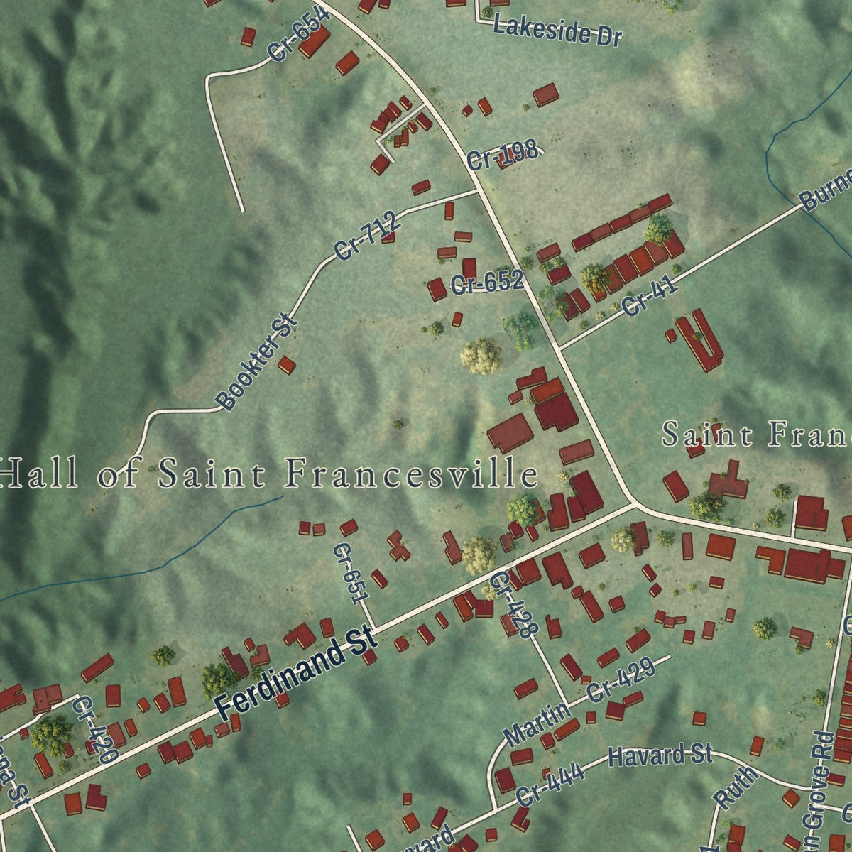 Second close-up of the map of St. Francisville, Louisiana print showing more streets and buildings
