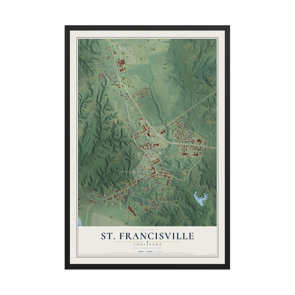 Map of St. Francisville, Louisiana, 12 x 18 inch print in a black wood frame