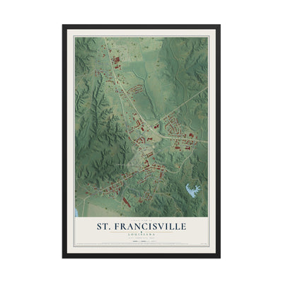 Map of St. Francisville, Louisiana, 12 x 18 inch print in a black wood frame