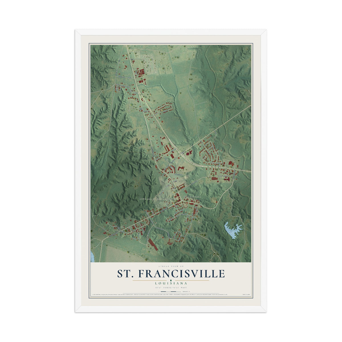 Map of St. Francisville, Louisiana, 12 x 18 inch print in a white wood frame