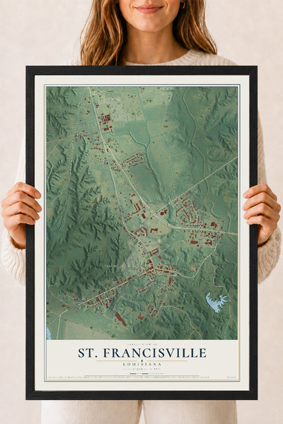 Map of St. Francisville, Louisiana, 18 x 24 inch print in a black wood frame
