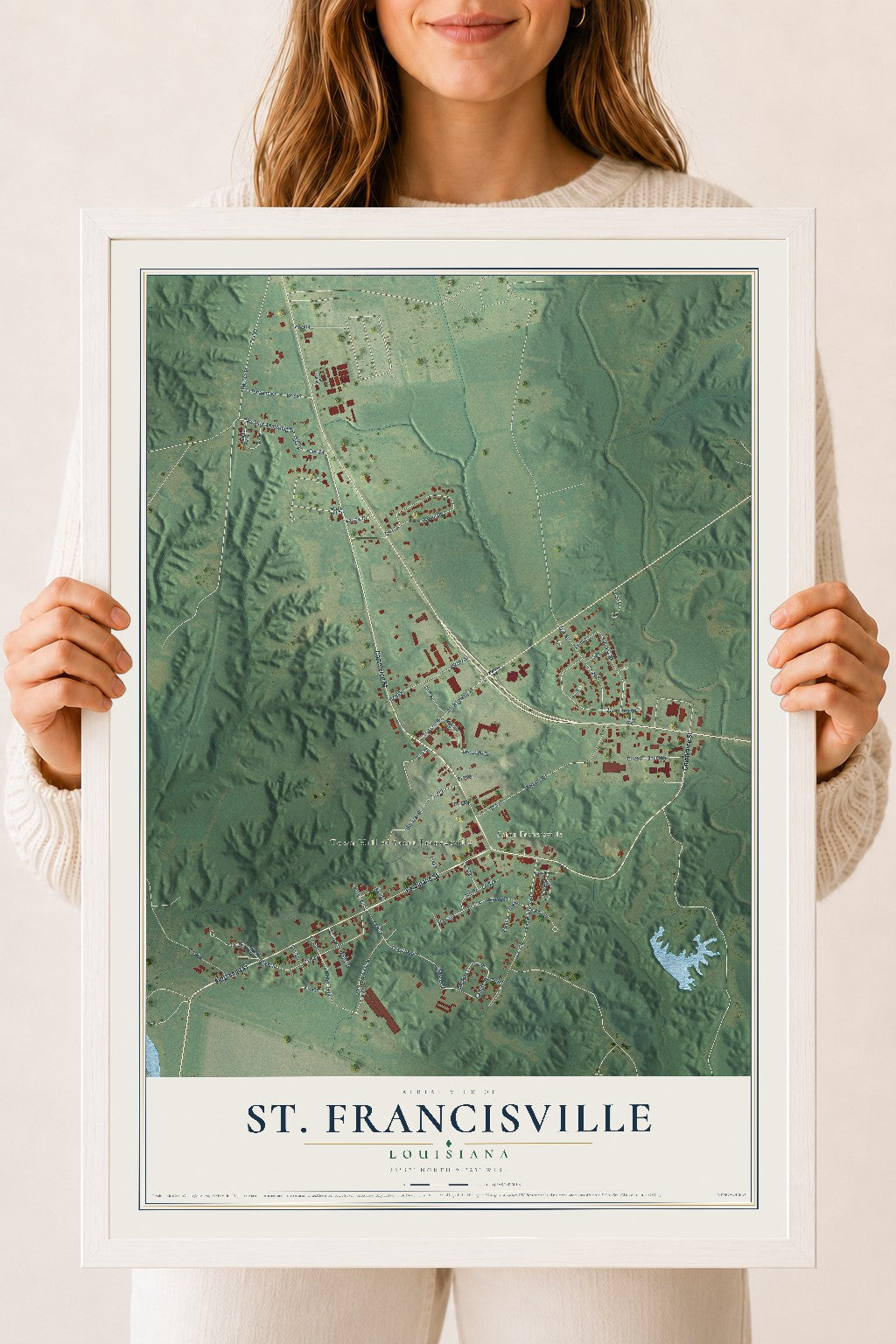 Map of St. Francisville, Louisiana, 18 x 24 inch print in a white wood frame