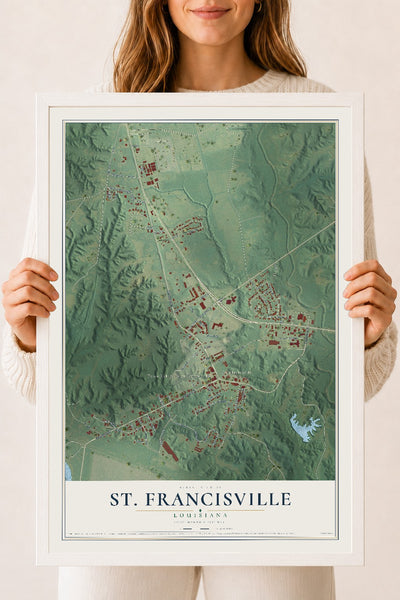 Map of St. Francisville, Louisiana, 18 x 24 inch print in a white wood frame