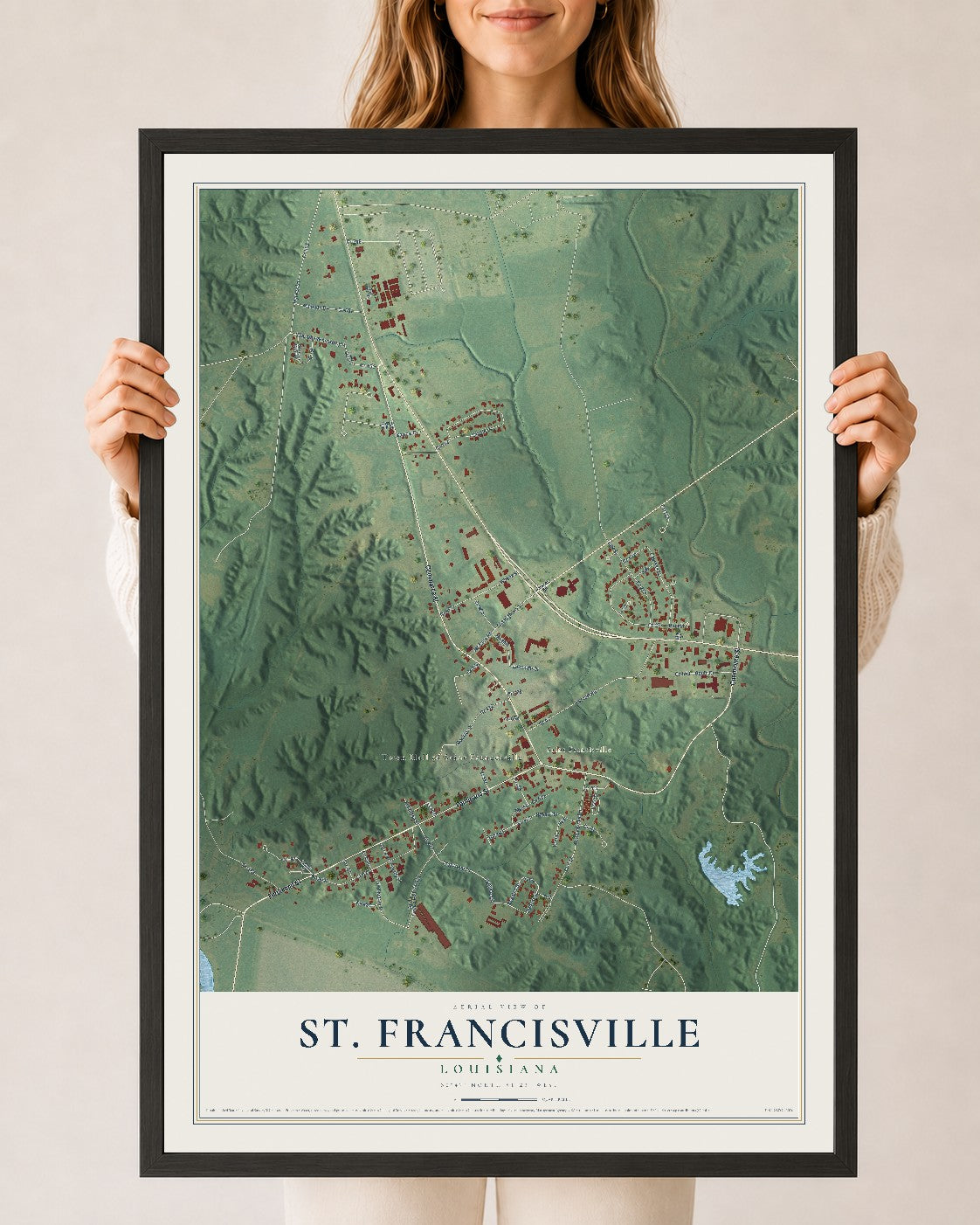 Map of St. Francisville, Louisiana, 24 x 36 inch print in a black wood frame