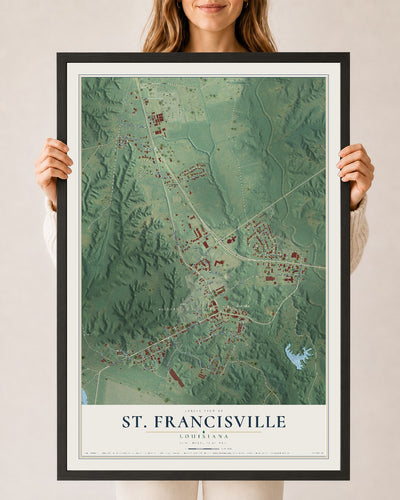 Map of St. Francisville, Louisiana, 24 x 36 inch print in a black wood frame